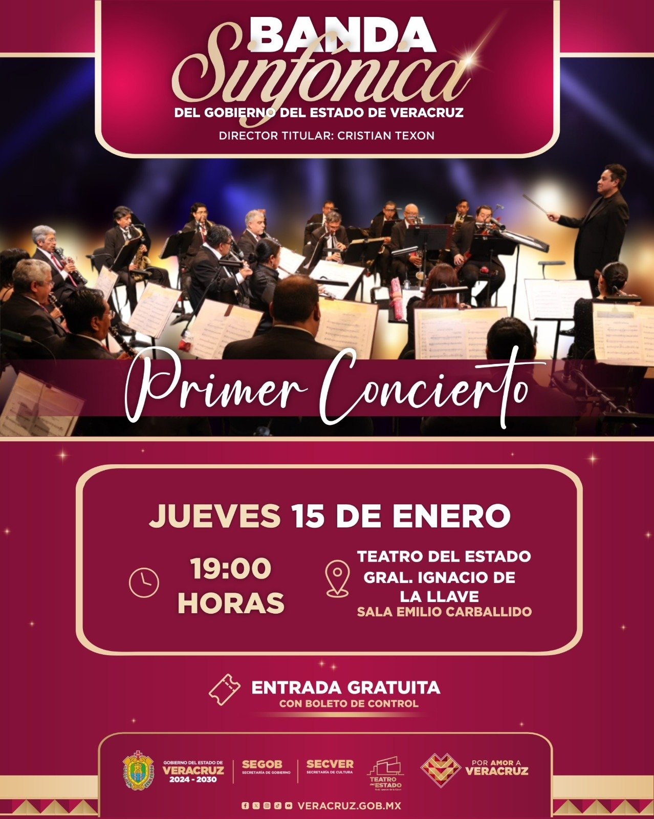Invita SECVER a concierto inaugural de la Banda Sinfónica del Gobierno del Estado